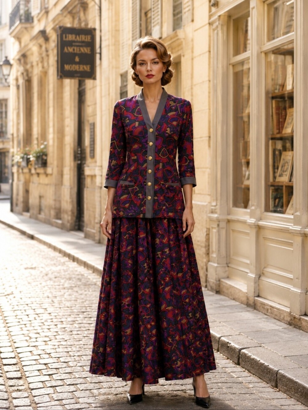 1980s–1990s Vintage Lux Geometric Colourful Print  Maxi Skirt Suit Set